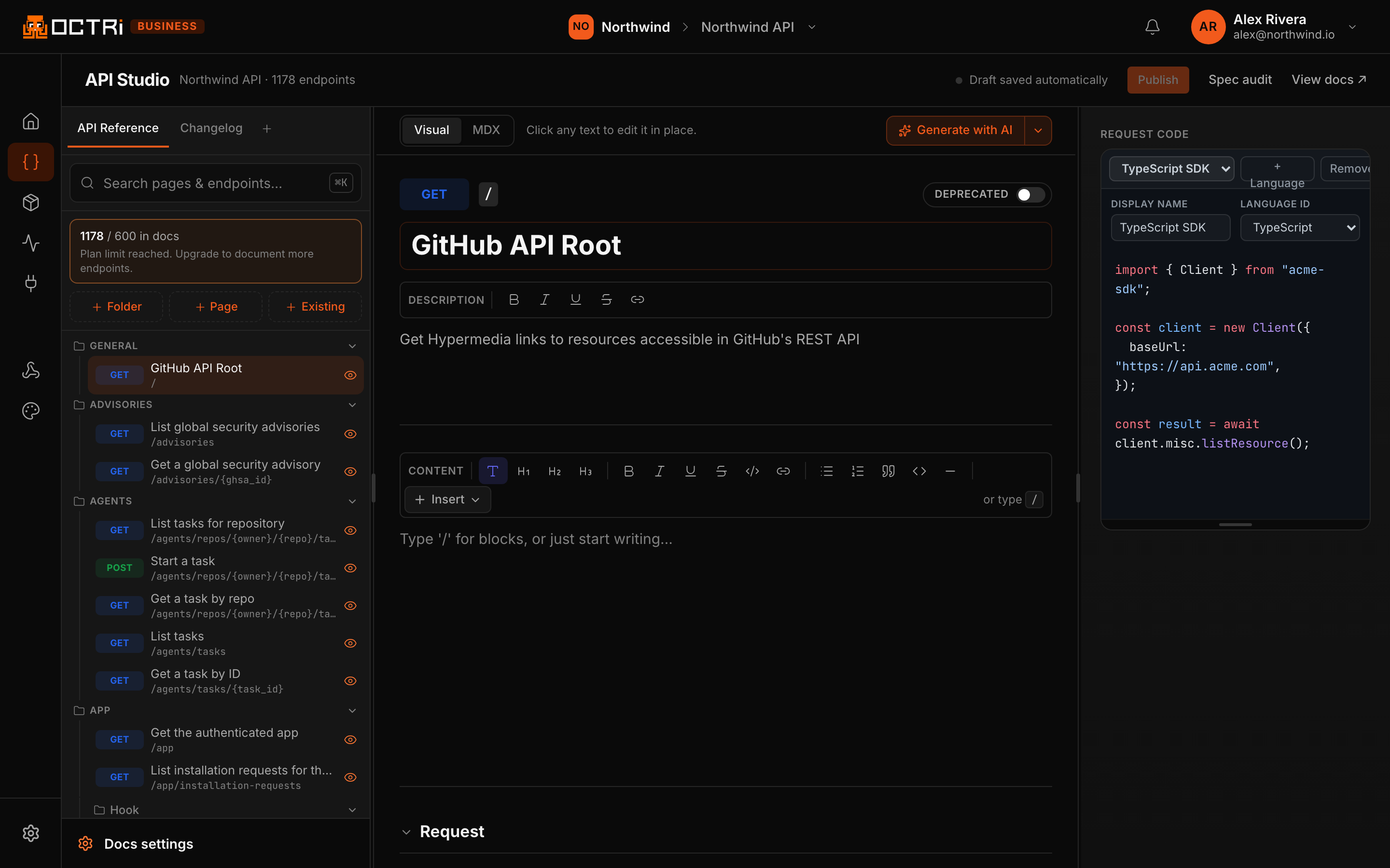The reference editor: every endpoint in the spec on the left, the page as readers will see it in the middle, and the generated call for each SDK language on the right.
