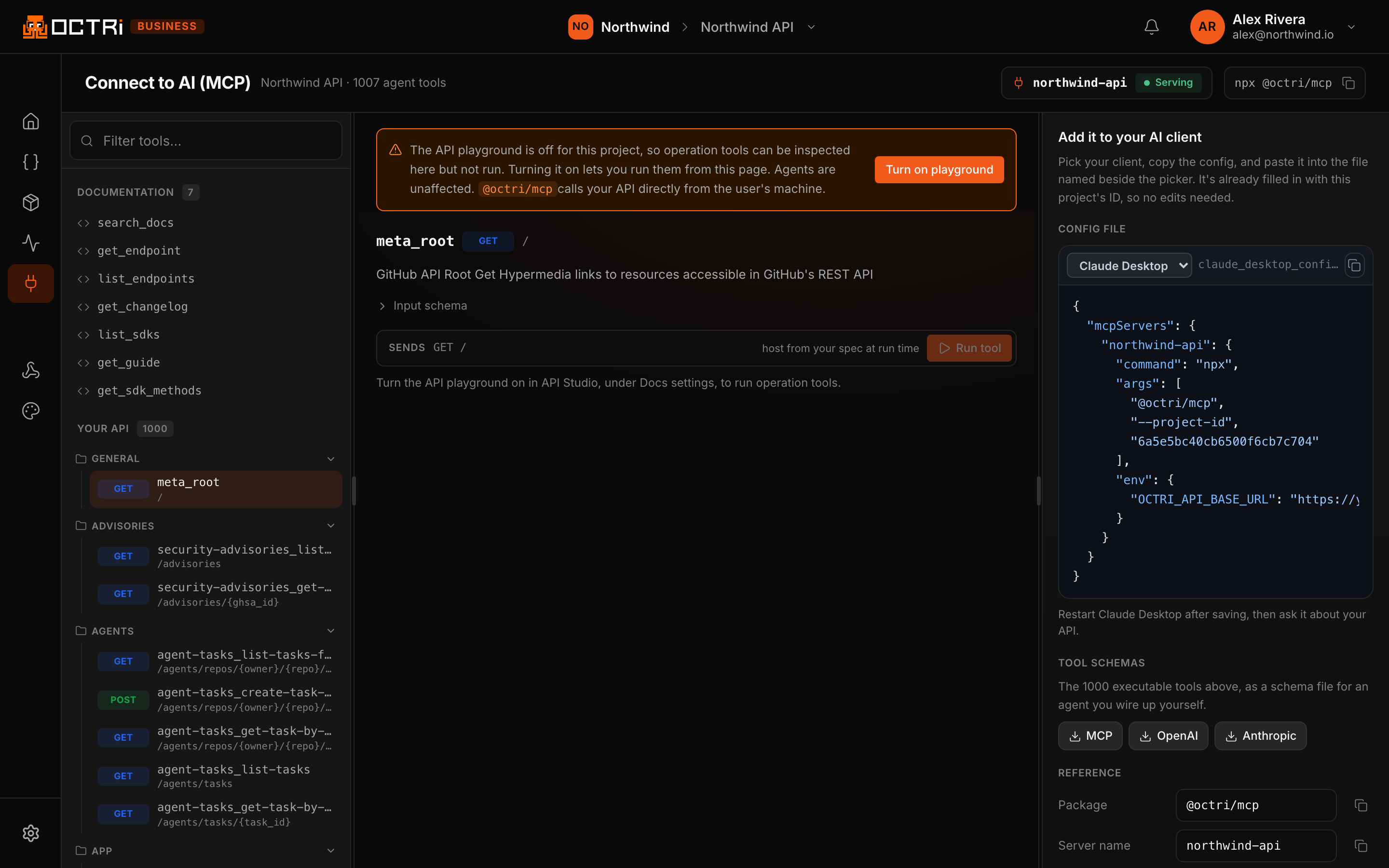 The same API exposed to AI agents as callable tools, with a ready-made client config and downloadable tool schemas. Here it is a thousand tools generated from one specification.
