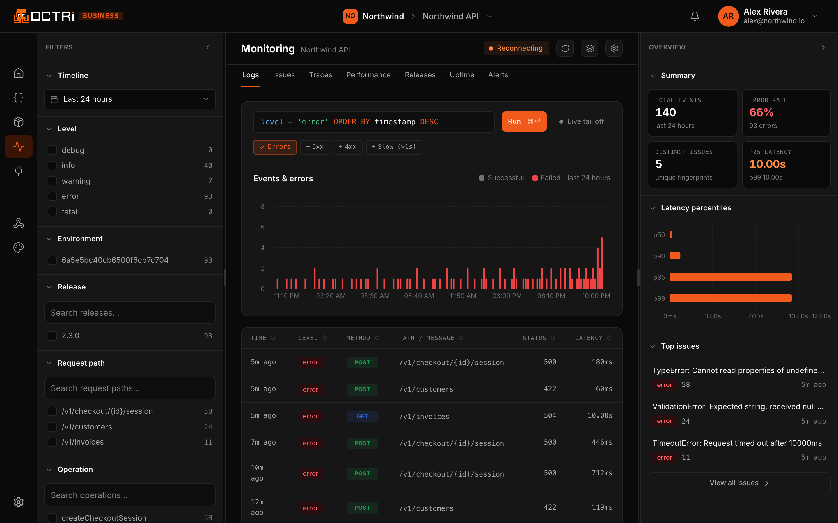 Errors reported from inside the generated client, grouped into issues and tagged with the release that produced them. This is the part an API provider cannot otherwise see: the request succeeded, and the failure happened in the caller.