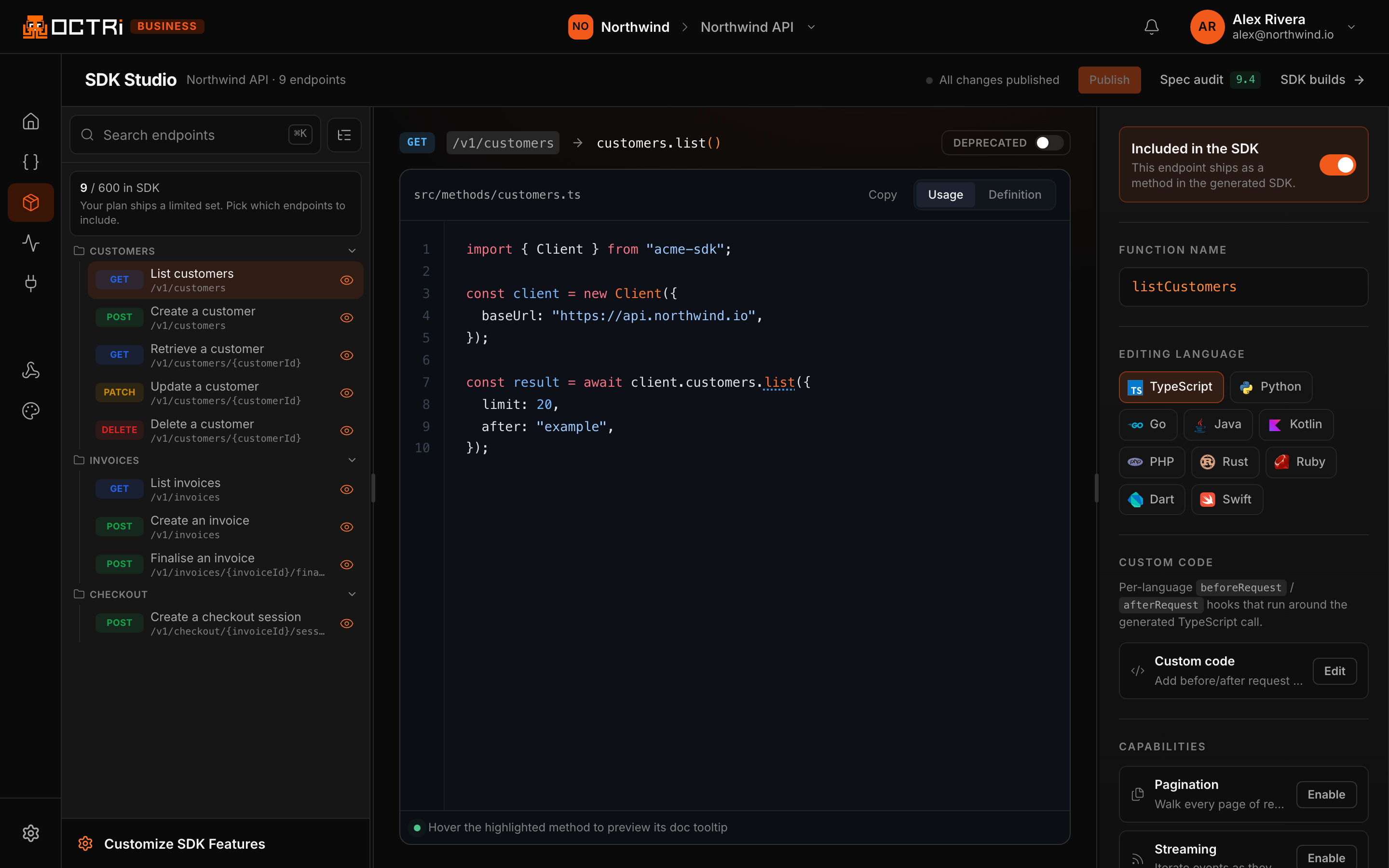 Every operation in the specification, and the call each one generates. The panel on the right switches the preview between all ten languages and carries the per-endpoint settings: the method name, request hooks, pagination and streaming.