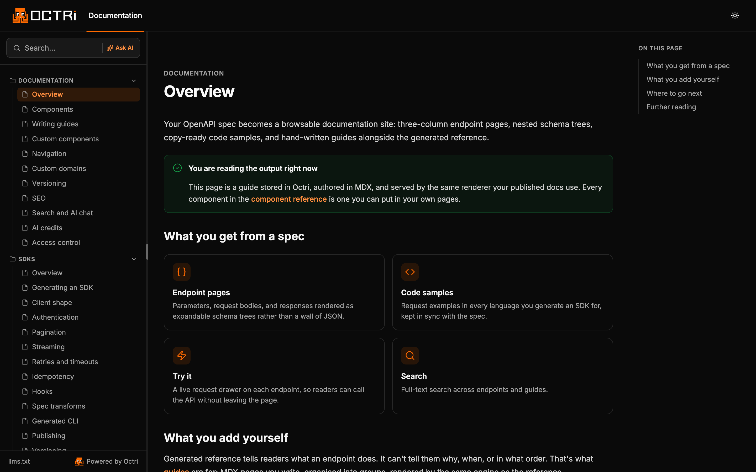 A documentation site generated from an OpenAPI specification, with search, an AI answer panel and hand-written guides beside the generated reference.