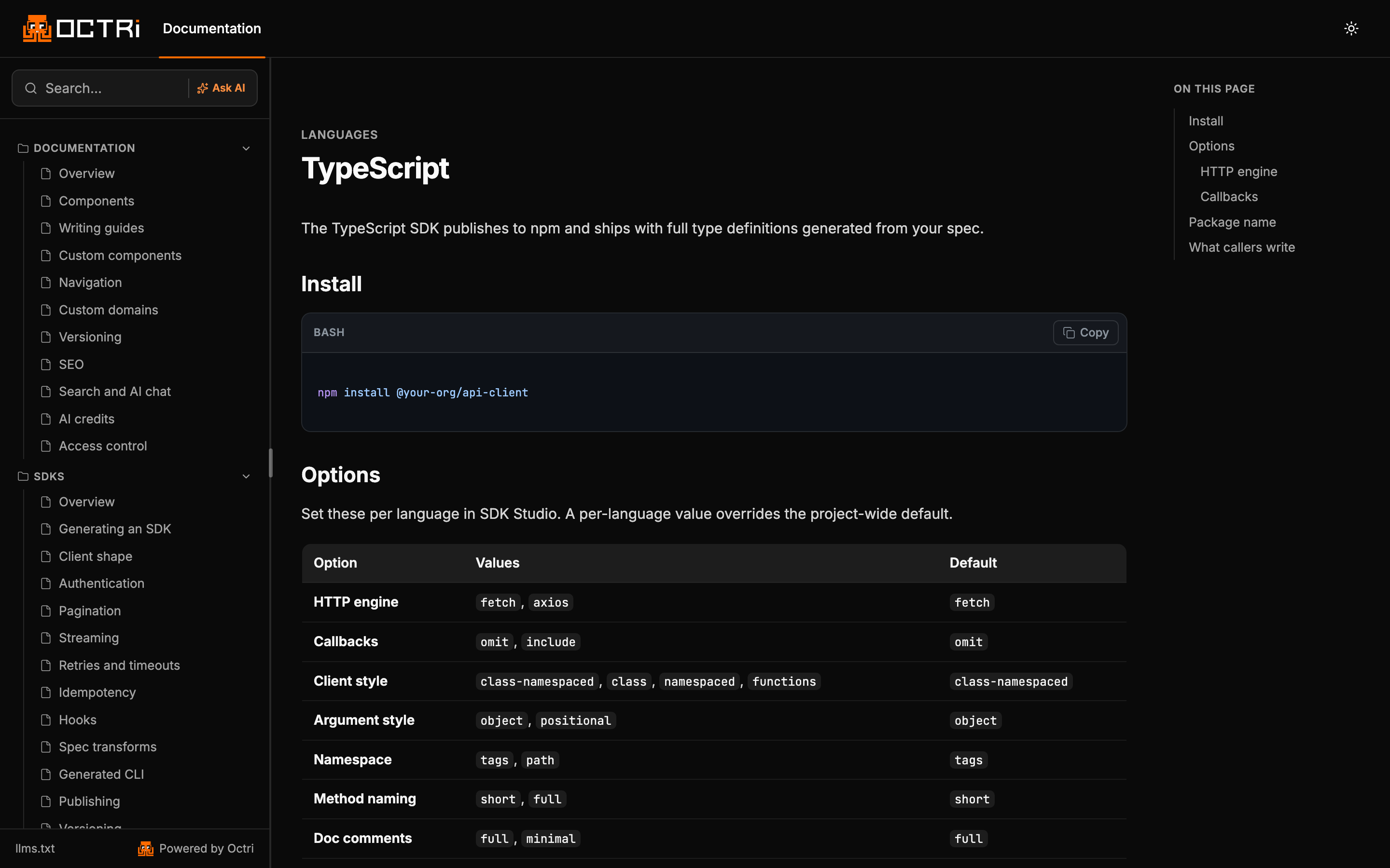 Per-language SDK documentation, including the options that change the shape of the generated client and the default each one takes.