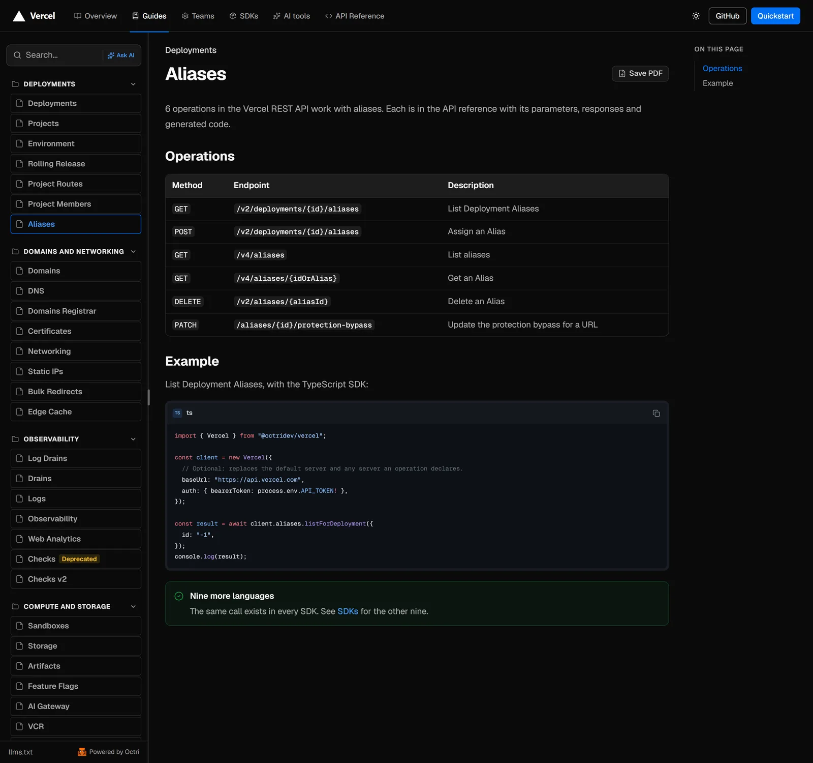The Vercel docs site generated by Octri, showing the Aliases guide: dark scheme, full width layout, set in Geist.